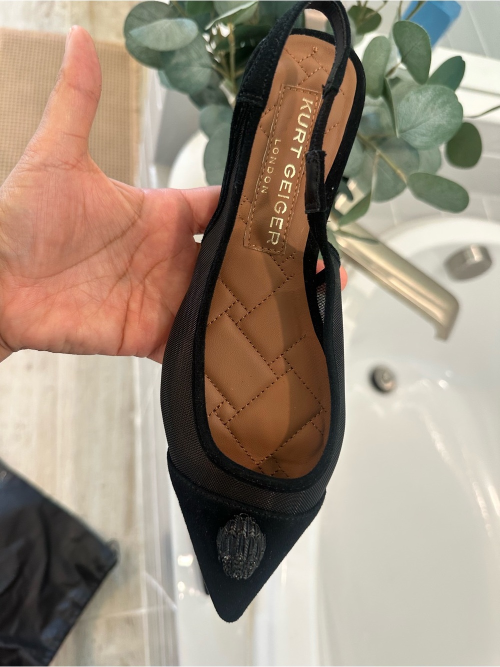 Kurt Geiger Black Pointed Slingback Flats with Textured Jewel Accent - Picture 2 of 6
